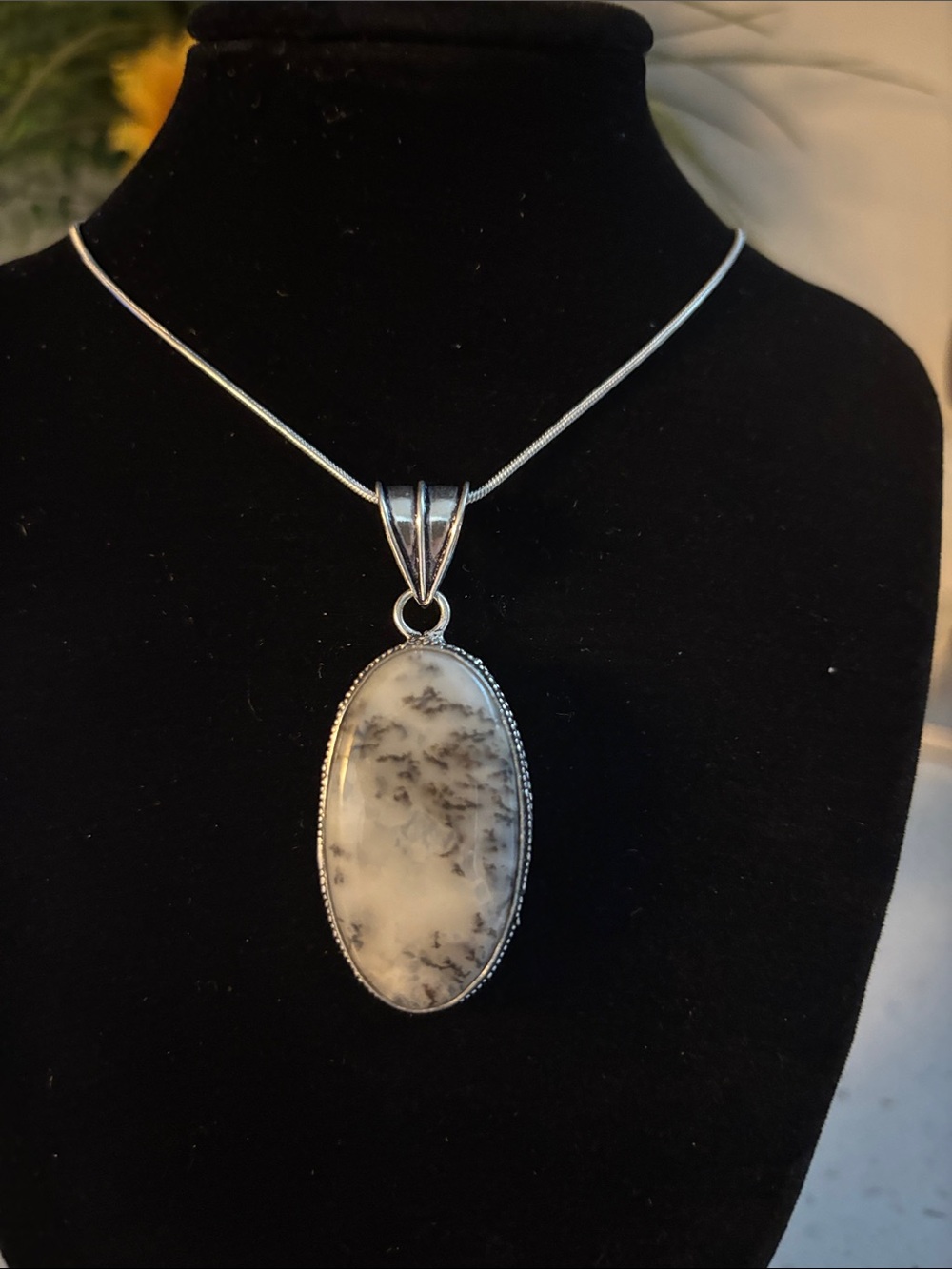 Sterling Silver Dendritic Opal Oval Gemstone Pendant Necklace